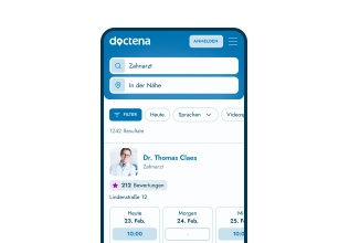 Doctena-Patientenportal auf einem Smartphone mit einem Behandlerprofil und freien Terminen