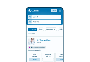 Doctena Patient Portal on a phone showing a practitioner profile with available slots