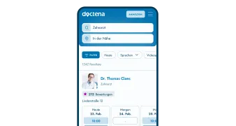 Doctena-Patientenportal auf einem Smartphone mit einem Behandlerprofil und freien Terminen