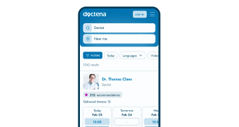 Doctena Patient Portal on a phone showing a practitioner profile with available slots