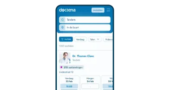 Doctena-patiëntenportaal op een telefoon met een zorgverlenersprofiel en beschikbare tijdsloten