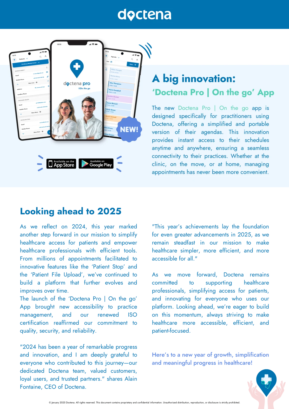 Page du rapport présentant l’application Doctena Pro On the go, avec des aperçus de l’agenda praticien sur smartphone