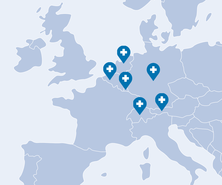 Map of Europe with Doctena location pins on its six active countries