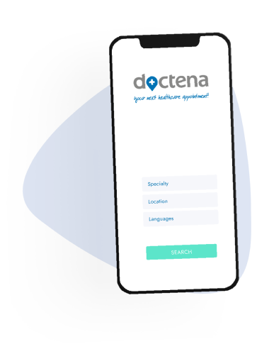 Smartphone showing the Doctena search screen with specialty, location and language fields