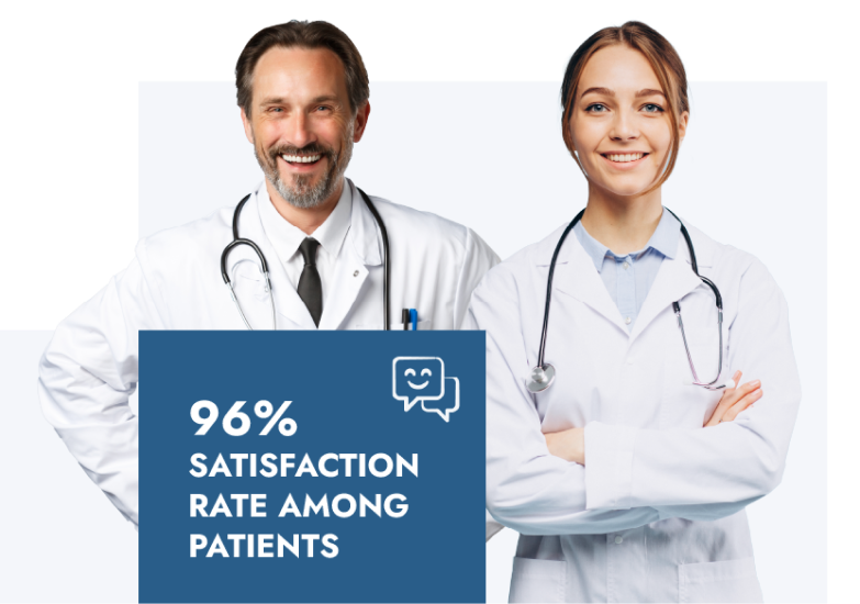 Two smiling doctors next to a badge reading 96% satisfaction rate among patients